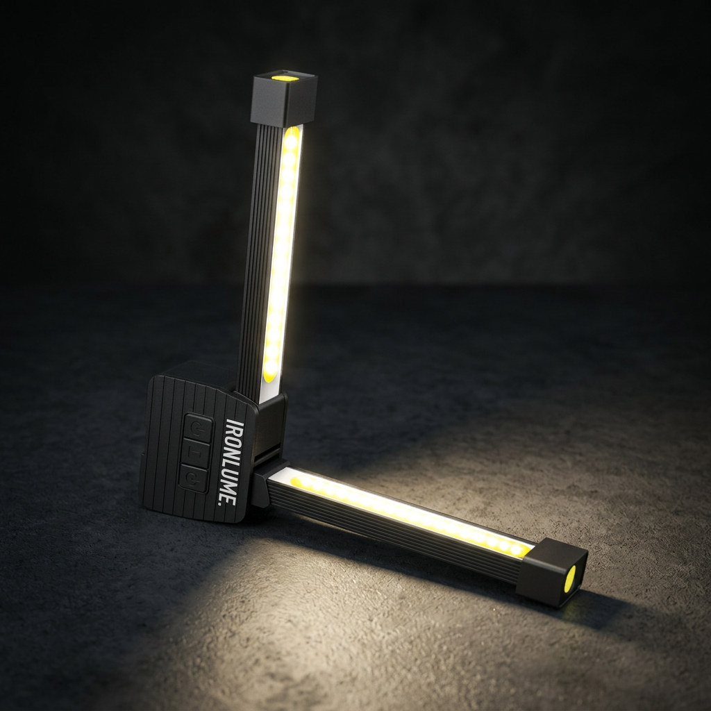 IRONLUME 3.0 gym lamp with both COB arms lit, shot on dark concrete