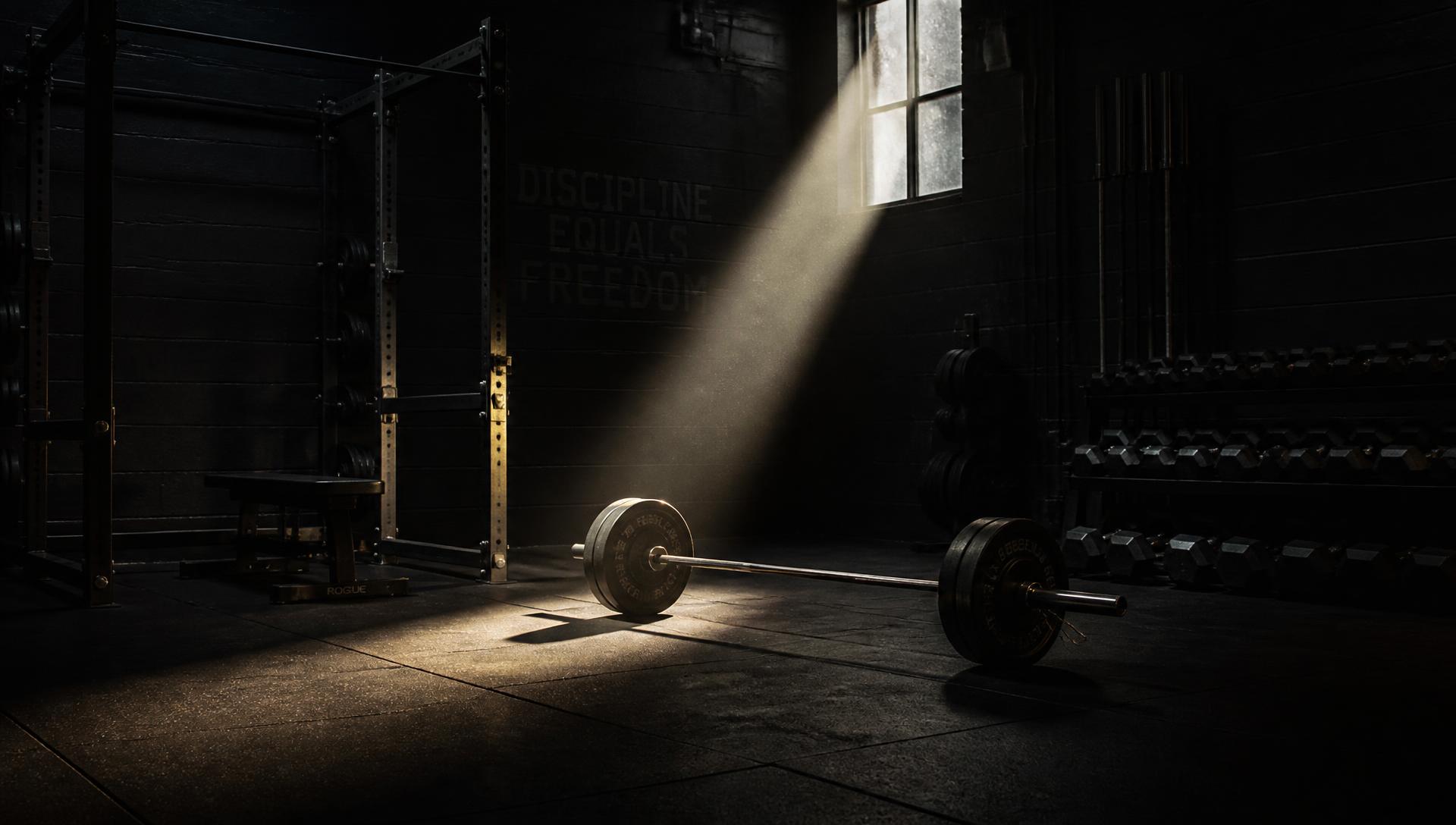 Dark gym at night with a loaded barbell lit by a single shaft of light